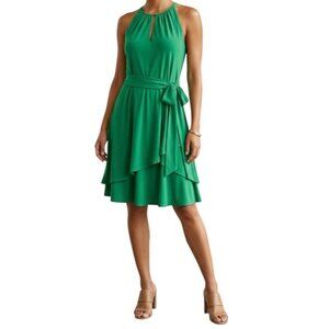 Tahari Arthur S Levine Fit Flare Green Sleeveless Layered Chic Dress Size 16
